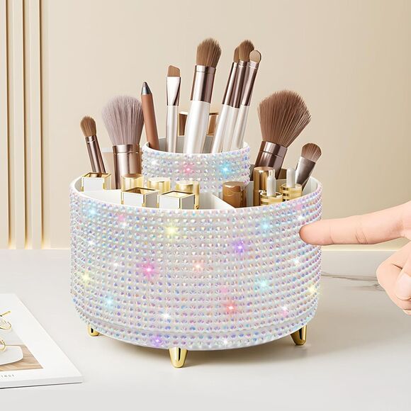 Diesisa 5Slot Makeup Brush Diamond White Cup 360° Rotating Makeup Brush Holder - Picture 1 of 5